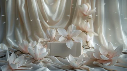 Foto auf Leinwand Elegant magnolia flowers with gift boxes on silky fabric, a tranquil still life composition © Hery