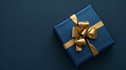 Gift box top view, elegant blue present box with ribbon