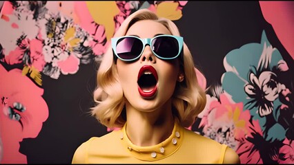 Portrait of very surprised and excited young woman. Pop art, shocked lady wearing sunglasses and open mouth. Comic style. - Powered by Adobe