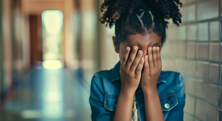 Upset child in a school hallway covering face, bullying or sadness concept.
