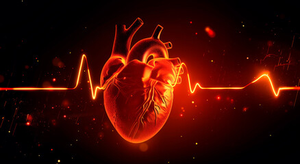 Digital illustration of a glowing heart with pulse line on a dark background, health concept.	