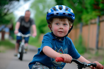 Child on bike with helmet, father cycling behind, family activity.
