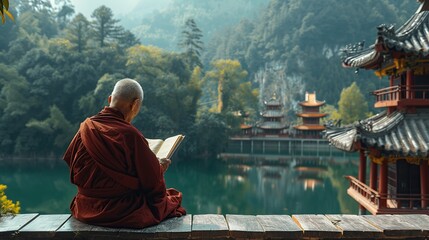 An old monk reading a book by the lake.