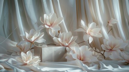 Elegant magnolia flowers with gift boxes on silky fabric, a tranquil still life composition