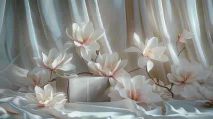 Zelfklevend Fotobehang Elegant magnolia flowers with gift boxes on silky fabric, a tranquil still life composition © lemoncraft