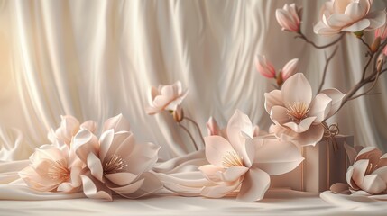 Elegant magnolia flowers with gift boxes on silky fabric, a tranquil still life composition