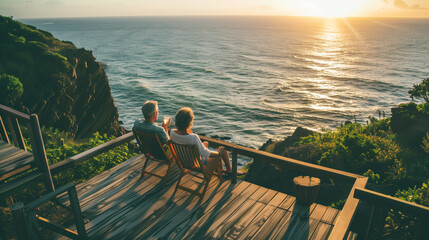 a couple enjoying their wealth ona deck overlooking the ocean - obrazy, fototapety, plakaty