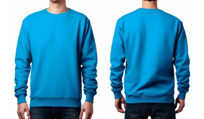 A man is wearing a sky blue sweatshirt, and t-shirt with full sleeves, both on the front and back sides. mockup