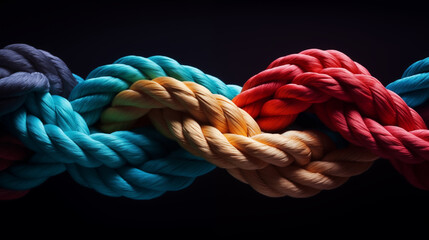 Various Colored Braided Ropes Tightly Knotted Against a Dark Background - obrazy, fototapety, plakaty