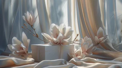 Poster Elegant magnolia flowers with gift boxes on silky fabric, a tranquil still life composition © lemoncraft