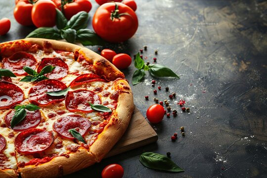 Delicious taste pepperoni pizza, mozzarella cheese on dark background. Top view and flat lay with copy space for your text