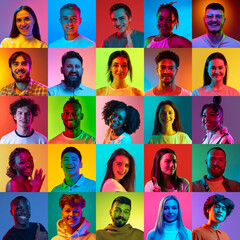 Set of portraits of multiethnic young men and women expressing positive emotion over multicolored...