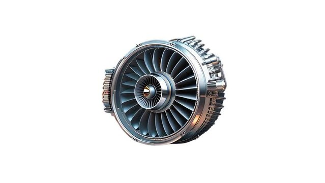 The futuristic design of the modern jet engine is fully steel made with a unique design, front view.