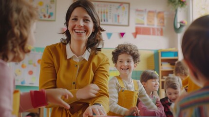 Woman Leading Group of Children in Classroom