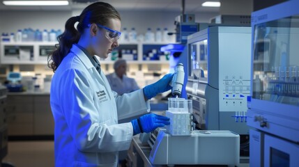 Woman in Lab Coat Operating Machine