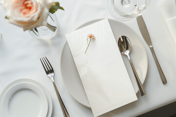 Mockup of a wedding menu on a table, laid flat, in a minimalistic style, with beige and pink colors...
