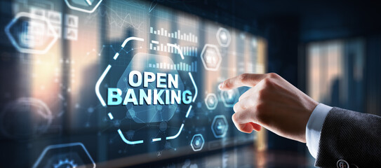 Fototapeta na wymiar Businessman is touching hologram open banking. Technology Finance concept
