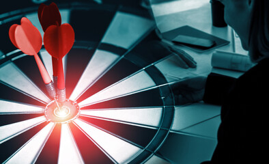 Business Target Goal For Success Strategy Concept - Red dart arrow hitting center goal on dart...