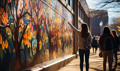 Group of People Standing by Colorful Wall