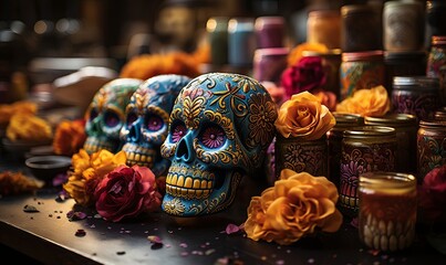 Table Adorned With Candles and Skulls - obrazy, fototapety, plakaty