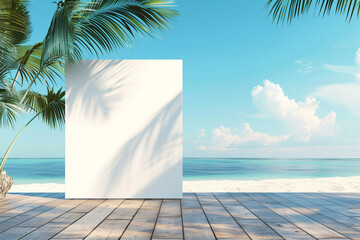 A blank white canvas on wooden floor with blue sky and tropical beach background, mockup for design...