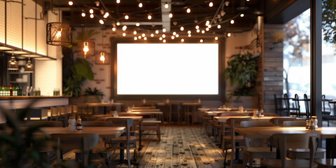 A restaurant with white blank screen banners,Mock up screen display Restaurant Cafe Menu food, for restaurant marketing