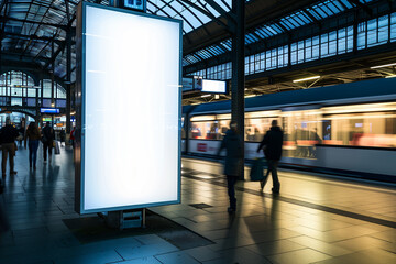 Photo of A blank billboard at the train station in Germany, white color. There is people passing by and moving around.