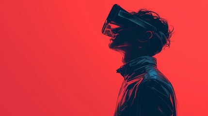 Man with VR Glasses Looking Up on simple gradient background.
