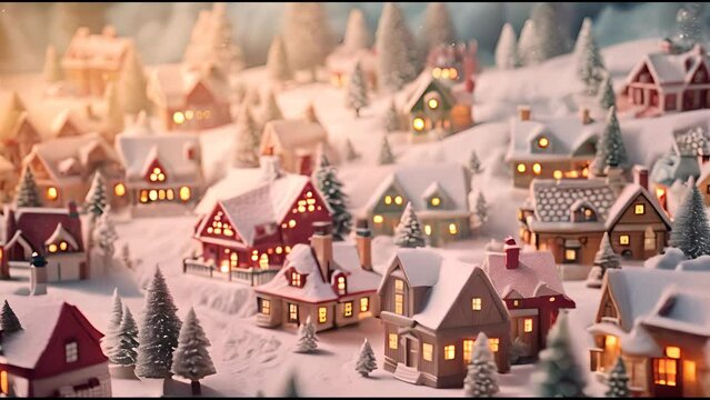 Miniature Christmas village houses and snowfall. Festive background. 