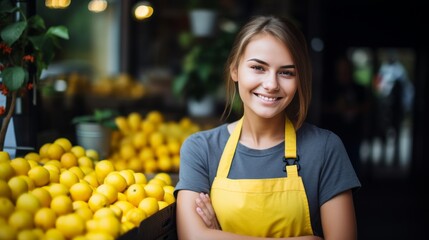 Female supermarket employee at the fruit section smiling and looking at the camera