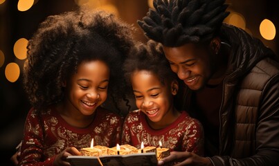 Man and Two Girls Looking at Birthday Cake - obrazy, fototapety, plakaty
