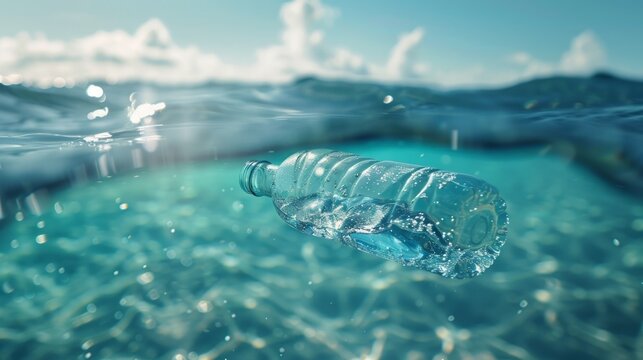 Plastic Bottle Floating in Crystal Clear Ocean Water Under Bright Daylight