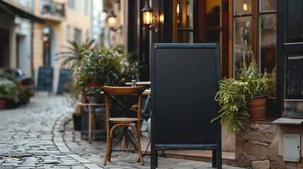 Fototapeta na wymiar Empty black menu board mockup near restaurant or cafe entrance.