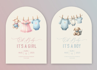 Cute arch baby shower watercolor invitation card for baby and kids new born celebration. Its a girl, Its a boy card with baby dress on rope.