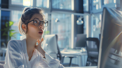 a young businesswoman sits in a large bright office. .She is shocked, and full of amazement at the mind blowing innovation she has just discovered! - obrazy, fototapety, plakaty