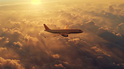 Passenger airplane. Landscape with big white airplane is flying in the red sky over the clouds and sea at colorful sunset. Passenger aircraft is landing at dusk. Business trip. Commercial plane.Travel