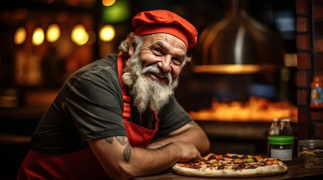 Smiling mature man making pizza in authentic italian restaurant brick oven with copy space