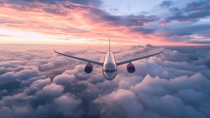 Passenger airplane. Landscape with big white airplane is flying in the red sky over the clouds and...