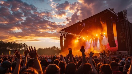 Energetic Crowd With Hands Raised at Sunset Concert - obrazy, fototapety, plakaty