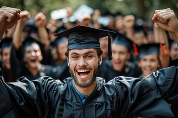 Fototapeta premium An exuberant male graduate with raised fists, celebrating among fellow graduates