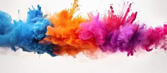 A mixture of purple, violet, magenta, and electric blue smoke emerges from the water, resembling a unique art piece on a white background