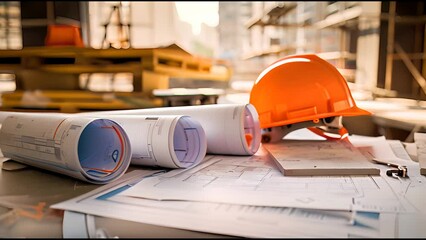 Architectural Plans Rolled Up at a Busy Construction Site.
