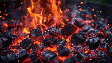 Charcoal briquettes are glowing and flaming in this barbecue grill pit. Generative Ai