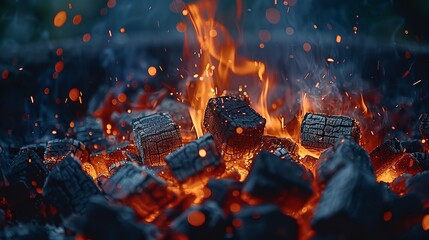 Charcoal briquettes are glowing and flaming in this barbecue grill pit. Generative Ai - obrazy, fototapety, plakaty