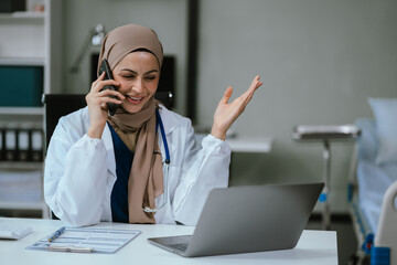 Female medicine doctor, physician or practitioner involved in cellphone call conversation giving professional consultation to patients. Medic tech concept.