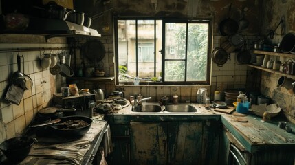 Kitchen in a state of extreme dirt and unhygienic conditions - obrazy, fototapety, plakaty