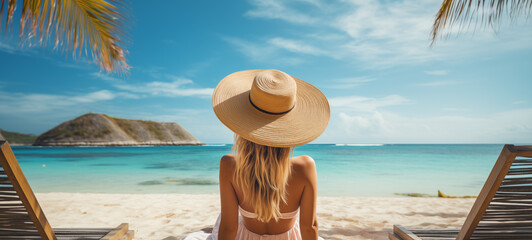 Attractive woman looking at view sitting on beach wearing one piece bathing suite