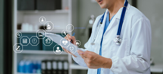 Medicine doctor hand working with modern digital tablet computer interface as medical network...