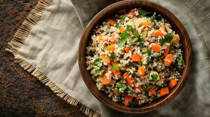 Top-View Minimalist Rustic Quinoa Salad on Wooden Bowl

