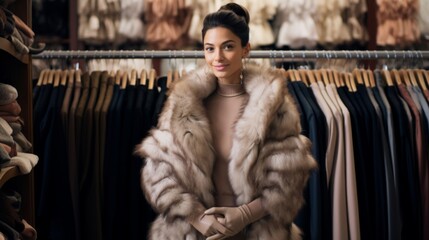 Fototapeta premium Chic fur designer with sumptuous creations high-end garments in background